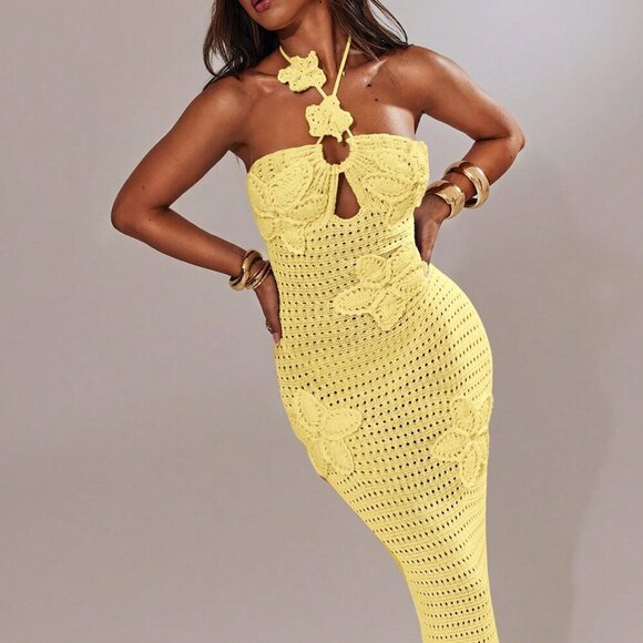 Yellow Sexy Women's Hollow-Out Floral Decor Halter Knitted Vacation Dress - Picture 8 of 8